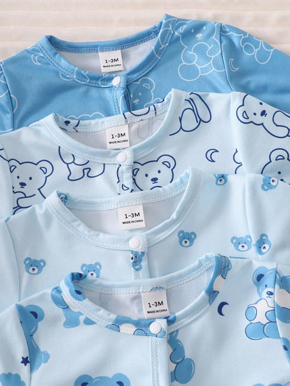 4pcs Newborn Bear Pattern Footed Jumpsuit Pajamas Set,Soft Winter Long Sleeve Baby Boy Clothes,Aqua Blue,Autumn,Cute,Lounge Pajamas For New Born