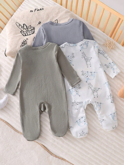 4pcs Newborn Bear Pattern Footed Jumpsuit Pajamas Set,Soft Winter Long Sleeve Baby Boy Clothes,Aqua Blue,Autumn,Cute,Lounge Pajamas For New Born