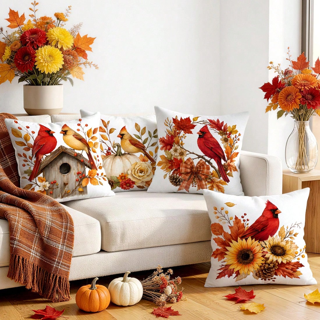 4pcs North American Cardinal Autumn Floral Pattern Pillow Covers, Single-Sided Print Pillow Covers, Suitable For Living Room Bedroom Home Decor, All-Season Pillow Covers