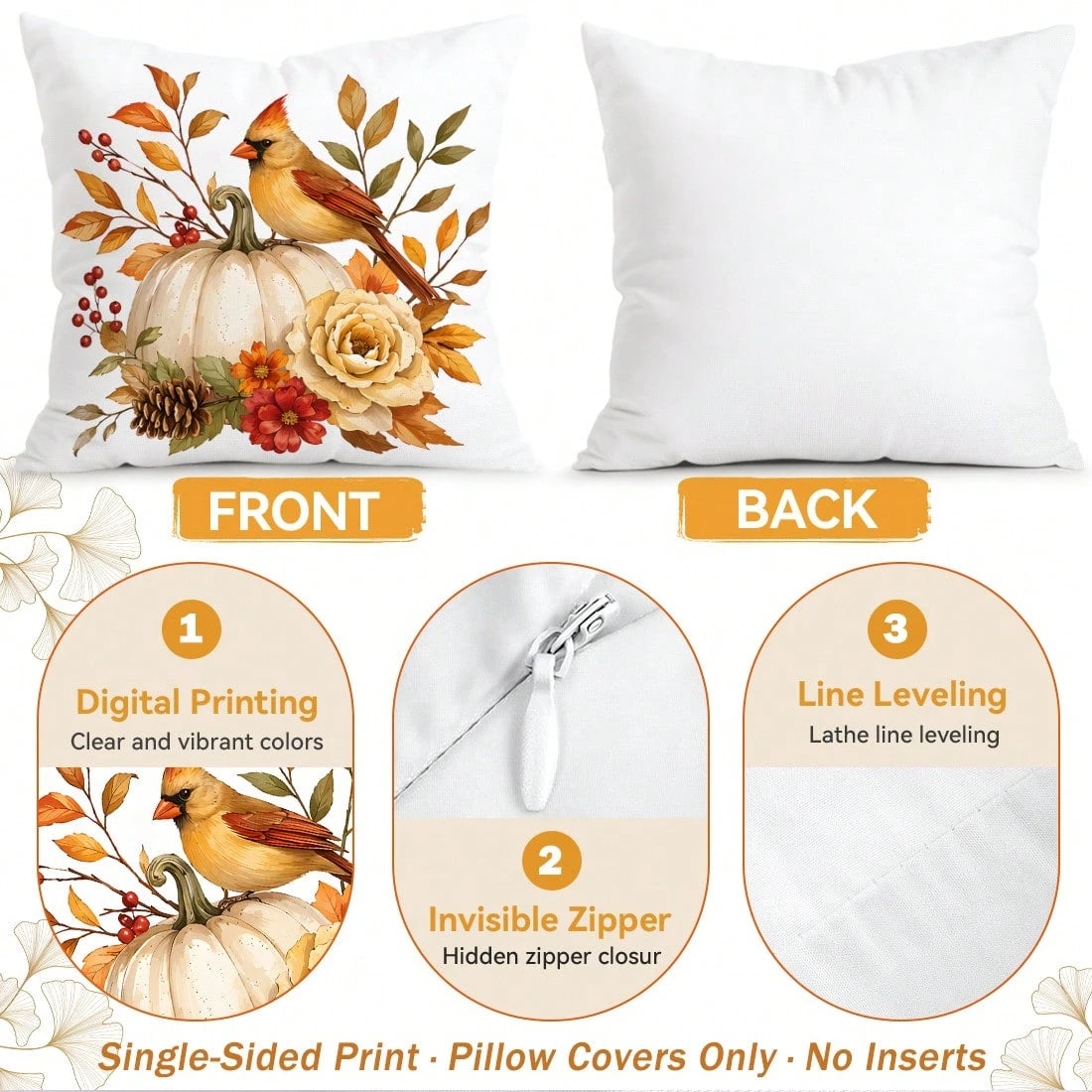 4pcs North American Cardinal Autumn Floral Pattern Pillow Covers, Single-Sided Print Pillow Covers, Suitable For Living Room Bedroom Home Decor, All-Season Pillow Covers