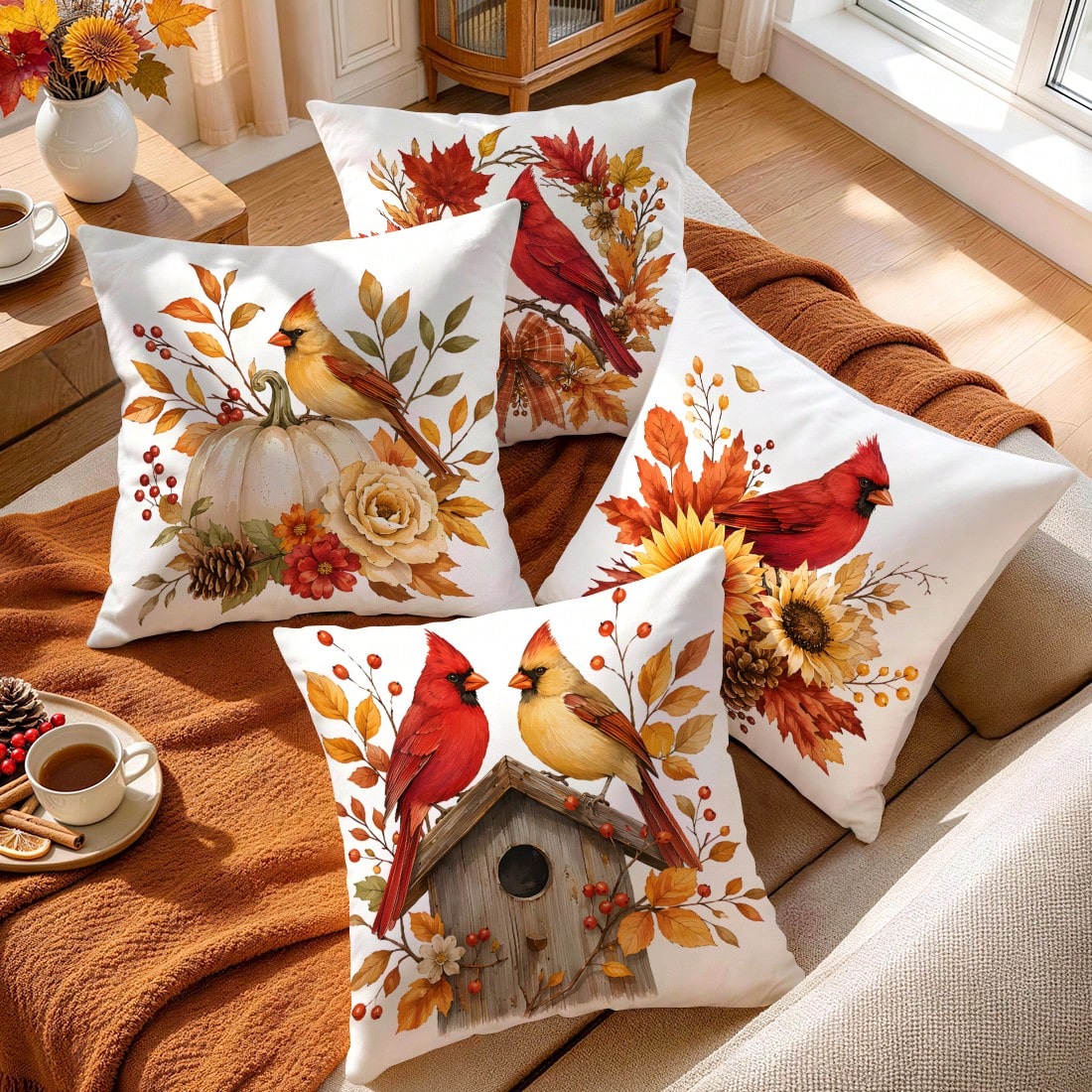 4pcs North American Cardinal Autumn Floral Pattern Pillow Covers, Single-Sided Print Pillow Covers, Suitable For Living Room Bedroom Home Decor, All-Season Pillow Covers