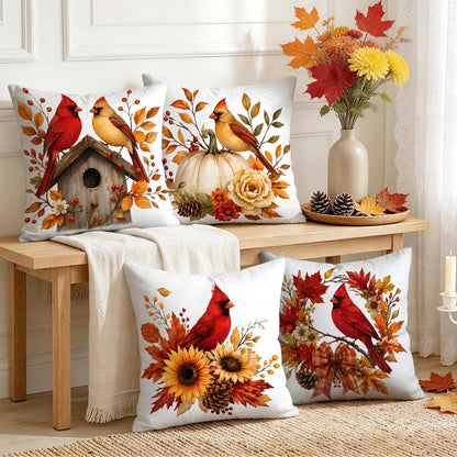 4pcs North American Cardinal Autumn Floral Pattern Pillow Covers, Single-Sided Print Pillow Covers, Suitable For Living Room Bedroom Home Decor, All-Season Pillow Covers