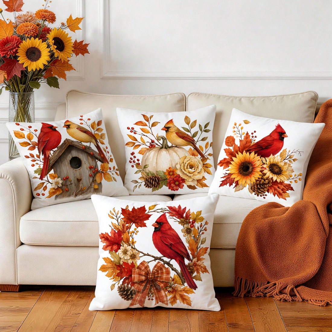 4pcs North American Cardinal Autumn Floral Pattern Pillow Covers, Single-Sided Print Pillow Covers, Suitable For Living Room Bedroom Home Decor, All-Season Pillow Covers