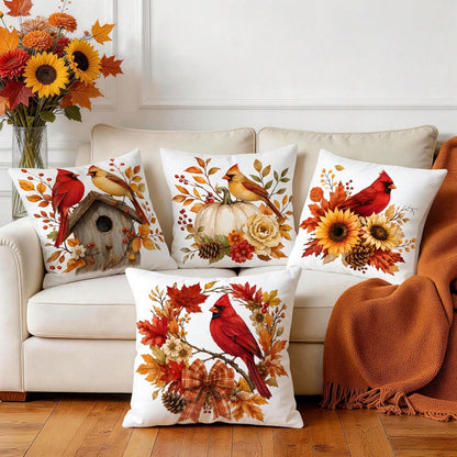 4pcs North American Cardinal Autumn Floral Pattern Pillow Covers, Single-Sided Print Pillow Covers, Suitable For Living Room Bedroom Home Decor, All-Season Pillow Covers