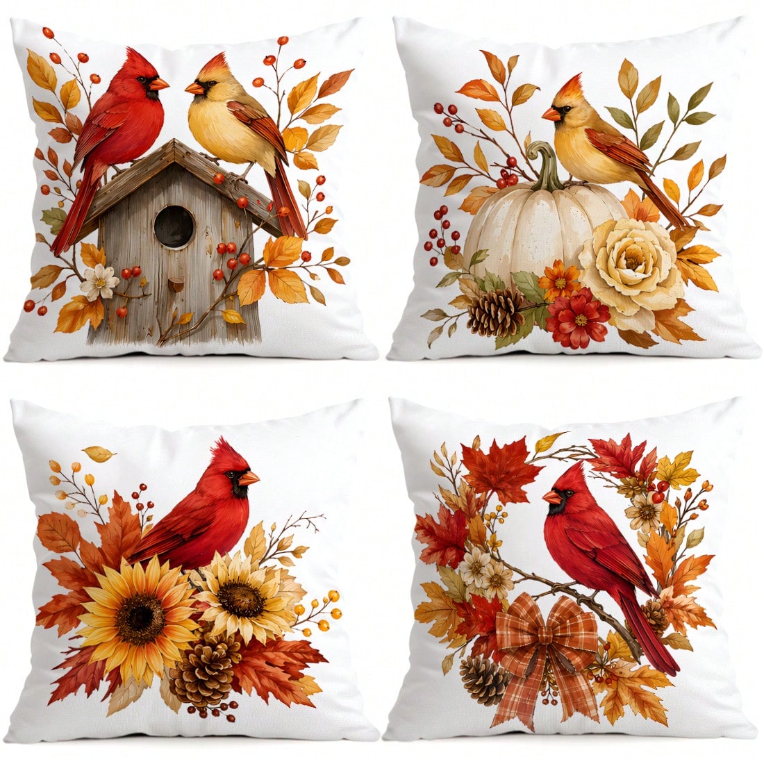 4pcs North American Cardinal Autumn Floral Pattern Pillow Covers, Single-Sided Print Pillow Covers, Suitable For Living Room Bedroom Home Decor, All-Season Pillow Covers