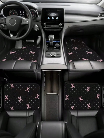 4pcs Pink Bow Car Floor Mats Set- Durable Polyester Material, Easy To Clean, Front & Rear Seat Protection, All-Weather Use, Fit For Trucks, Sedans And SUVs, Perfect Gift