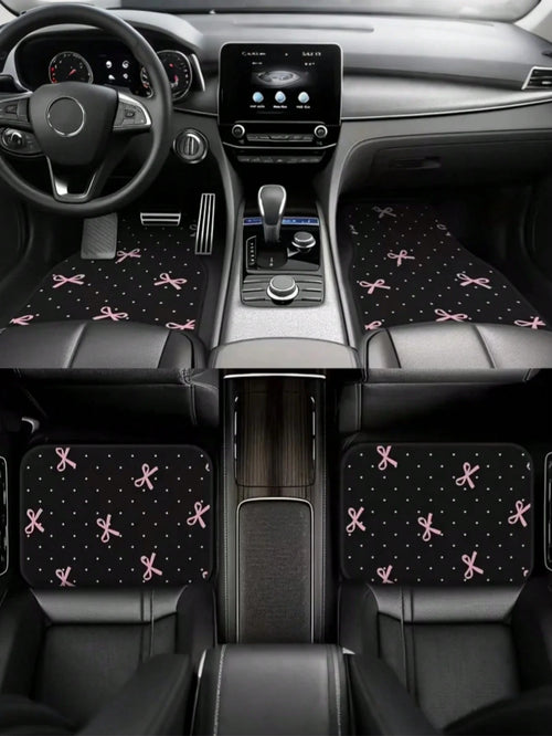 4pcs Pink Bow Car Floor Mats Set- Durable Polyester Material, Easy To Clean, Front & Rear Seat Protection, All-Weather Use, Fit For Trucks, Sedans And SUVs, Perfect Gift