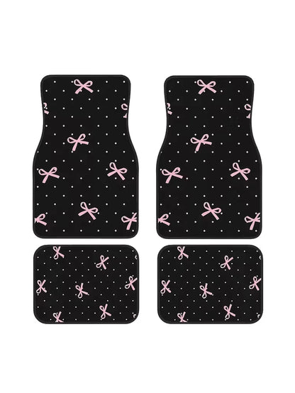 4pcs Pink Bow Car Floor Mats Set- Durable Polyester Material, Easy To Clean, Front & Rear Seat Protection, All-Weather Use, Fit For Trucks, Sedans And SUVs, Perfect Gift