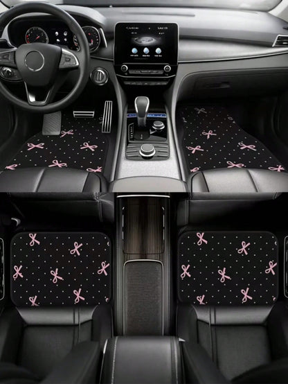 4pcs Pink Bow Car Floor Mats Set- Durable Polyester Material, Easy To Clean, Front & Rear Seat Protection, All-Weather Use, Fit For Trucks, Sedans And SUVs, Perfect Gift