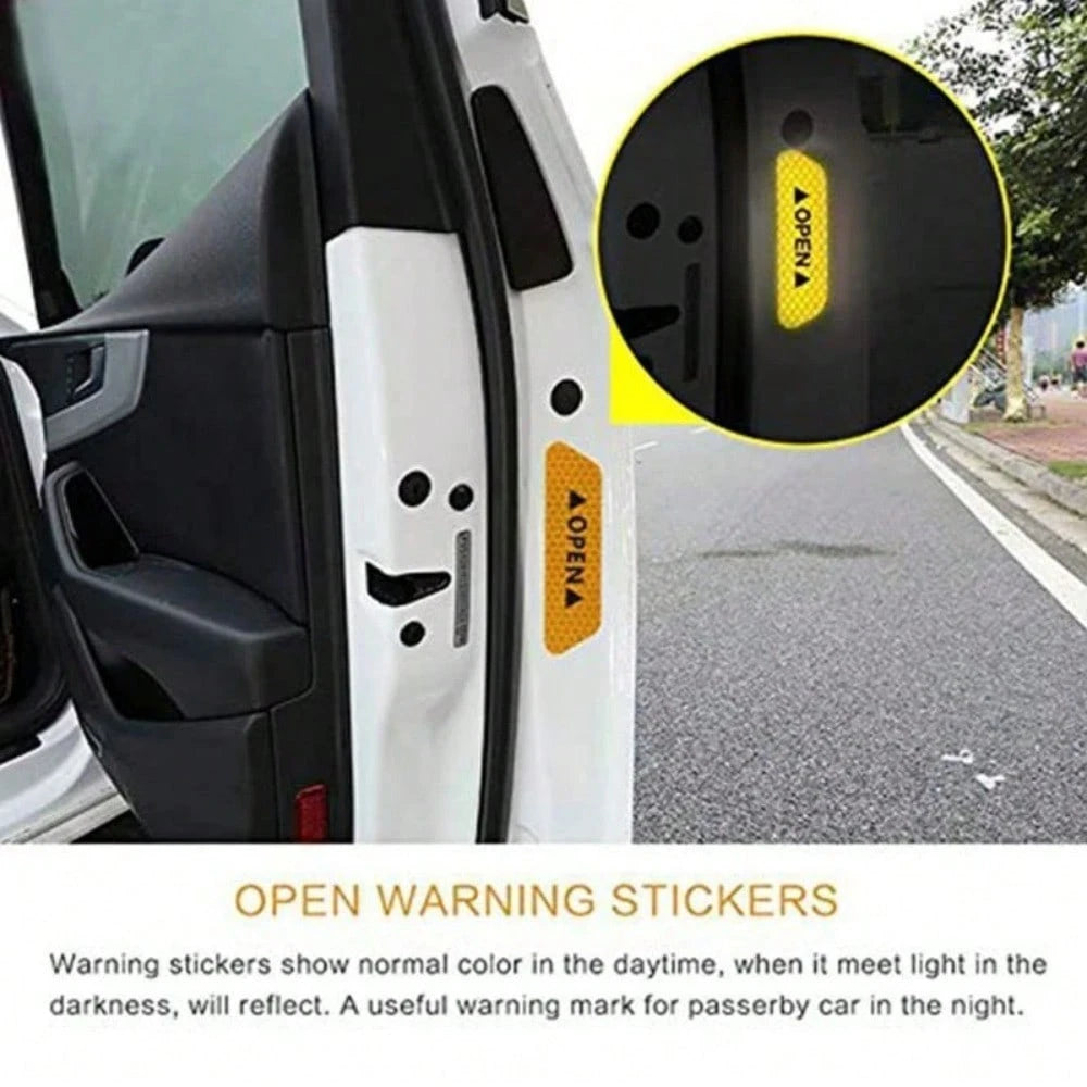 4PCS Reflective Open Prompt Stickers For Car Door, Car Stickers And Decals,Car Door Open Reflective Warning Stickers,Anti Scratch Decorative Sticker Car Bumper Tape Repair,3.6 Inch Auto Warning Decals