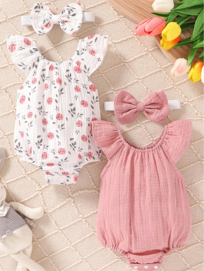 4pcs/Set, Baby Girl, Casual Fashion Cute Elegant, Soft Comfortable, Floral Pattern Ruffle Trim Cotton Romper And Bowknot Decorated Headband Set, Baby Girl Clothing, Newborn Baby Girl Clothing, Baby Su