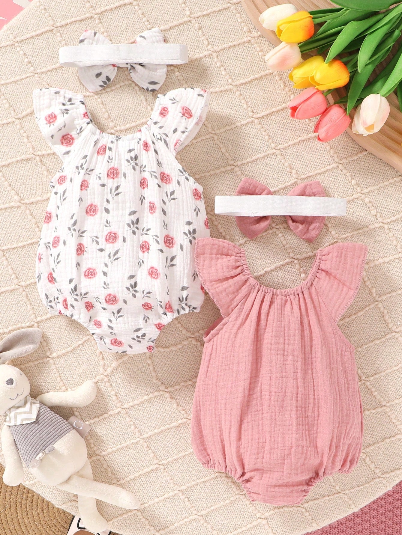 4pcs/Set, Baby Girl, Casual Fashion Cute Elegant, Soft Comfortable, Floral Pattern Ruffle Trim Cotton Romper And Bowknot Decorated Headband Set, Baby Girl Clothing, Newborn Baby Girl Clothing, Baby Su