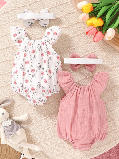 4pcs/Set, Baby Girl, Casual Fashion Cute Elegant, Soft Comfortable, Floral Pattern Ruffle Trim Cotton Romper And Bowknot Decorated Headband Set, Baby Girl Clothing, Newborn Baby Girl Clothing, Baby Su