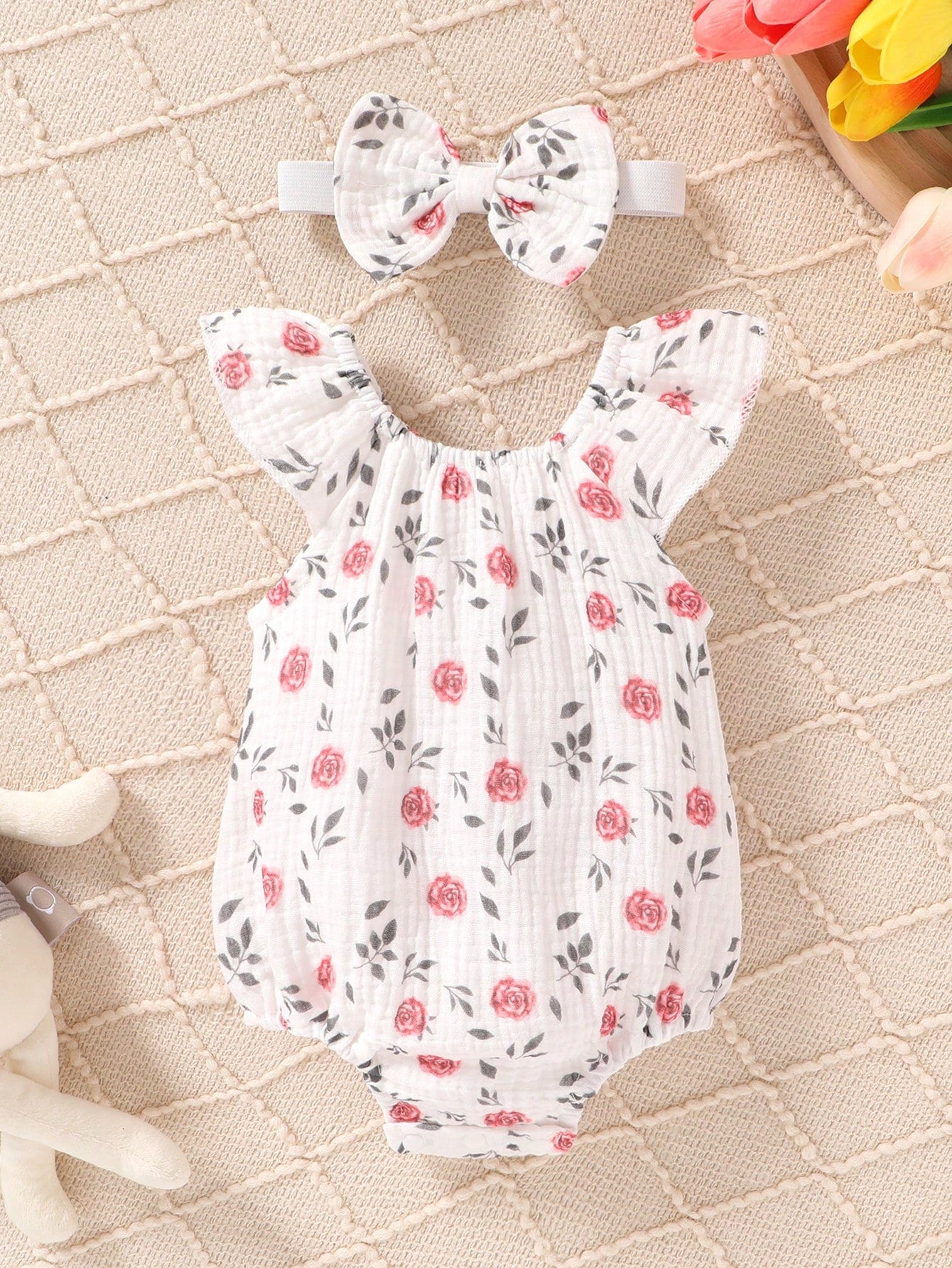 4pcs/Set, Baby Girl, Casual Fashion Cute Elegant, Soft Comfortable, Floral Pattern Ruffle Trim Cotton Romper And Bowknot Decorated Headband Set, Baby Girl Clothing, Newborn Baby Girl Clothing, Baby Su