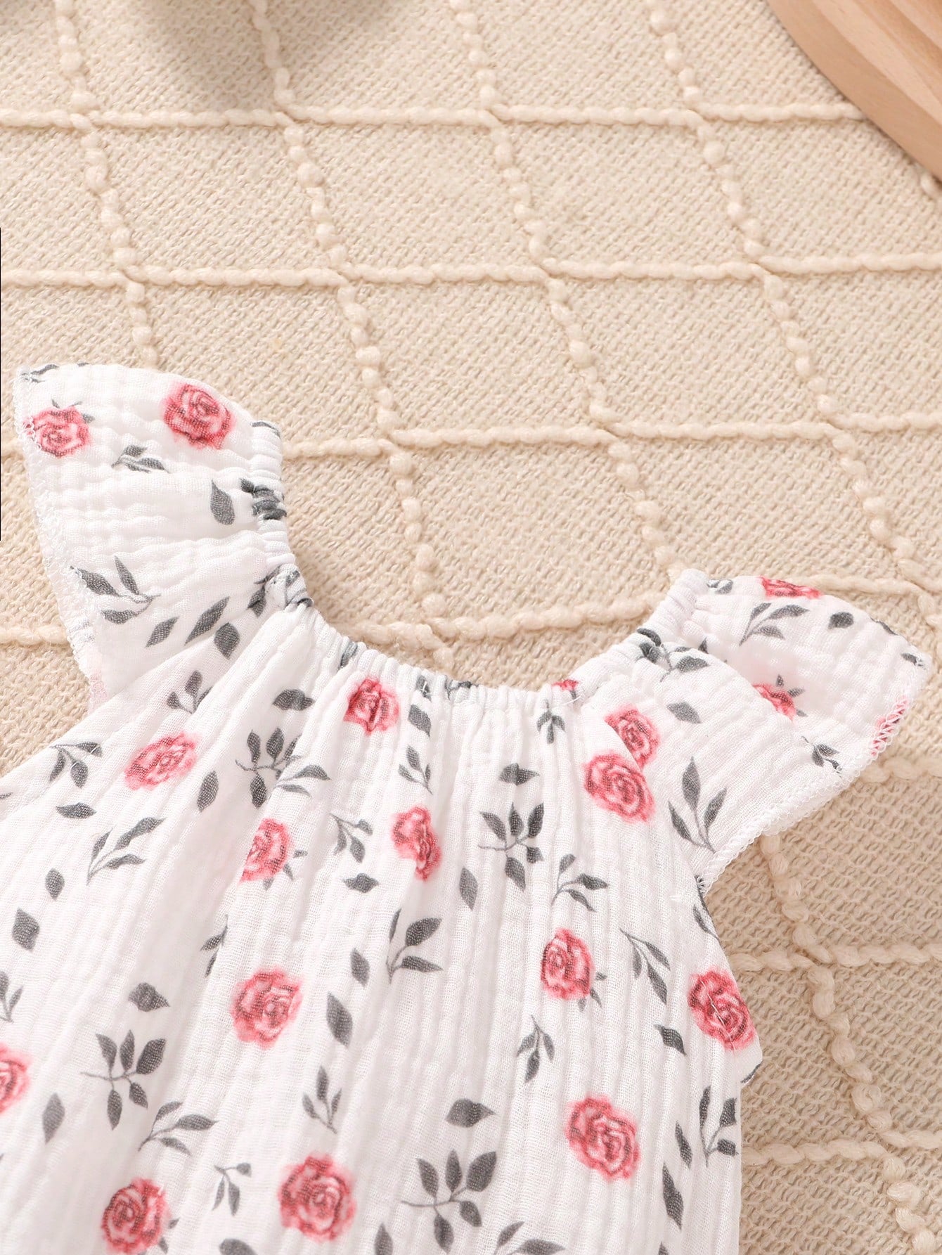 4pcs/Set, Baby Girl, Casual Fashion Cute Elegant, Soft Comfortable, Floral Pattern Ruffle Trim Cotton Romper And Bowknot Decorated Headband Set, Baby Girl Clothing, Newborn Baby Girl Clothing, Baby Su