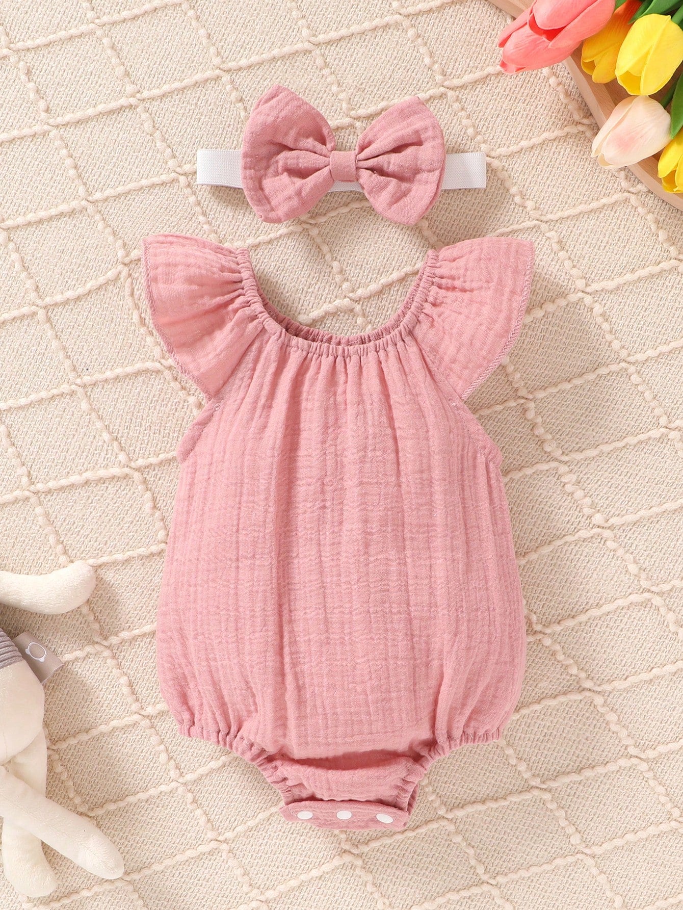 4pcs/Set, Baby Girl, Casual Fashion Cute Elegant, Soft Comfortable, Floral Pattern Ruffle Trim Cotton Romper And Bowknot Decorated Headband Set, Baby Girl Clothing, Newborn Baby Girl Clothing, Baby Su