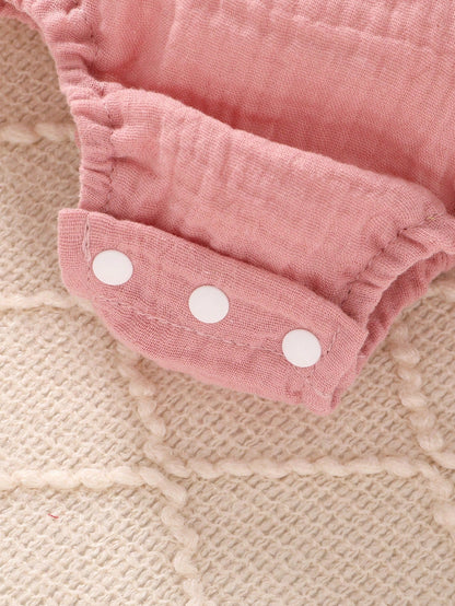 4pcs/Set, Baby Girl, Casual Fashion Cute Elegant, Soft Comfortable, Floral Pattern Ruffle Trim Cotton Romper And Bowknot Decorated Headband Set, Baby Girl Clothing, Newborn Baby Girl Clothing, Baby Su