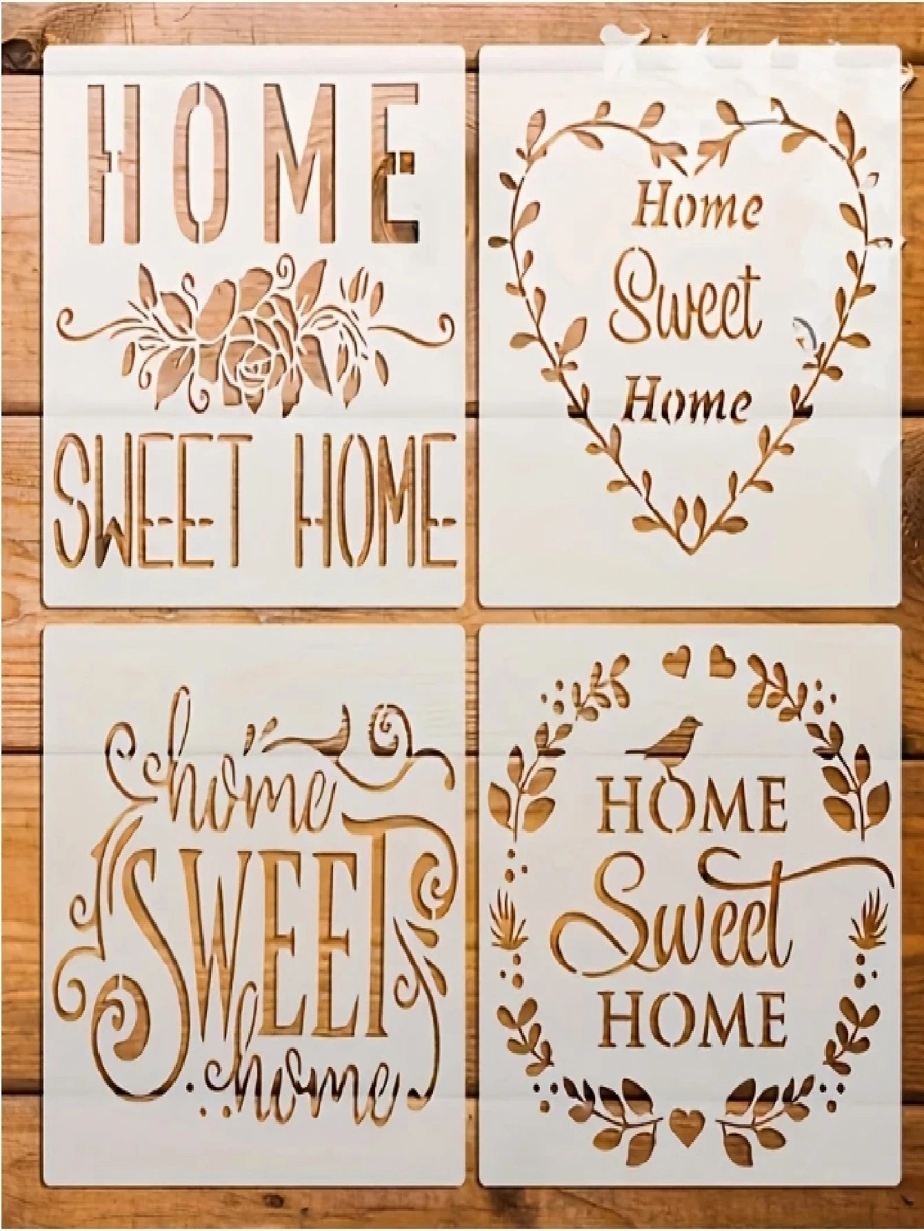 4pcs Sweet Home Decor Stencils- Floral & Heart Art Font Templates, 9.1 Inch Washable Reusable Flexible Painting Stencils, Suitable For Furniture, Doors & Windows, Fabric, DIY Crafts