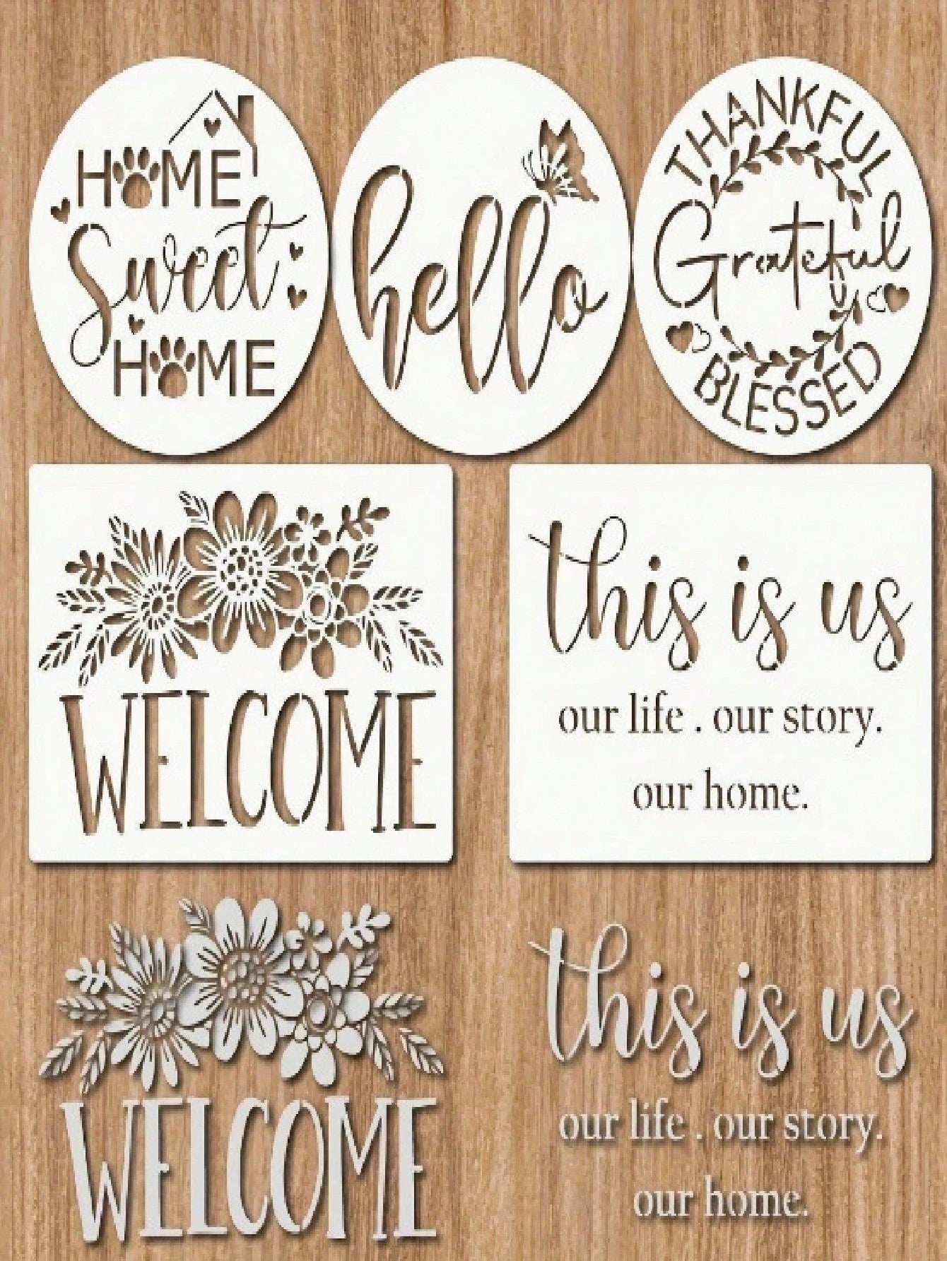 4pcs Sweet Home Decor Stencils- Floral & Heart Art Font Templates, 9.1 Inch Washable Reusable Flexible Painting Stencils, Suitable For Furniture, Doors & Windows, Fabric, DIY Crafts