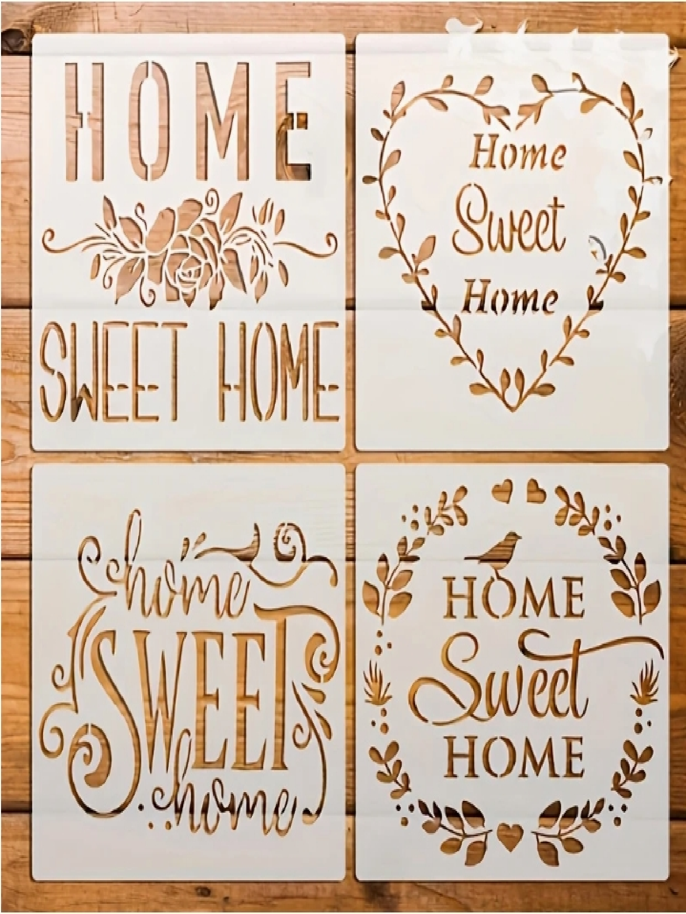 4pcs Sweet Home Decor Stencils- Floral & Heart Art Font Templates, 9.1 Inch Washable Reusable Flexible Painting Stencils, Suitable For Furniture, Doors & Windows, Fabric, DIY Crafts