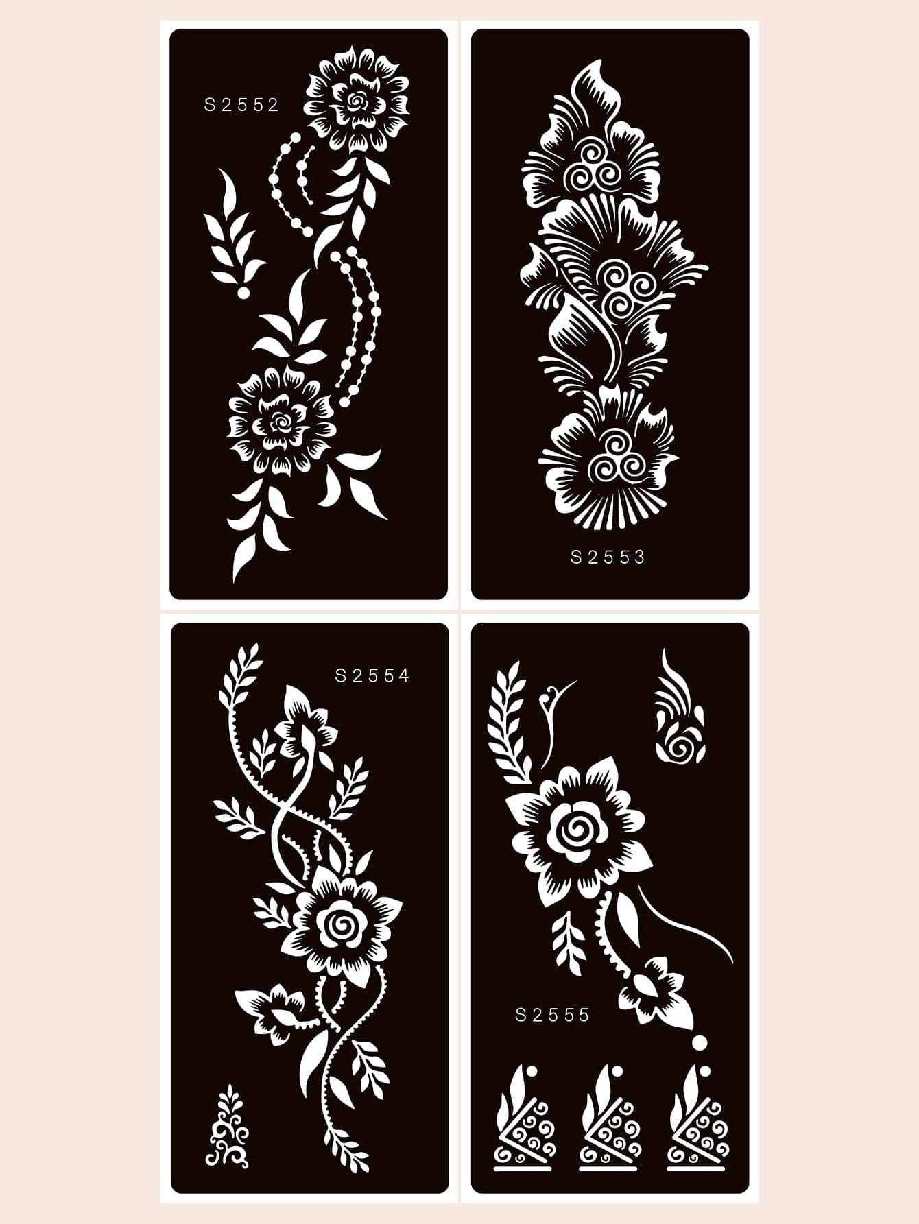 4pcs Vintage Floral Tattoo Stencil Set, Reusable Henna Paste Hollow Stencils, Beginner DIY Body Art Templates, Suitable For Daily, Vacation, Wedding