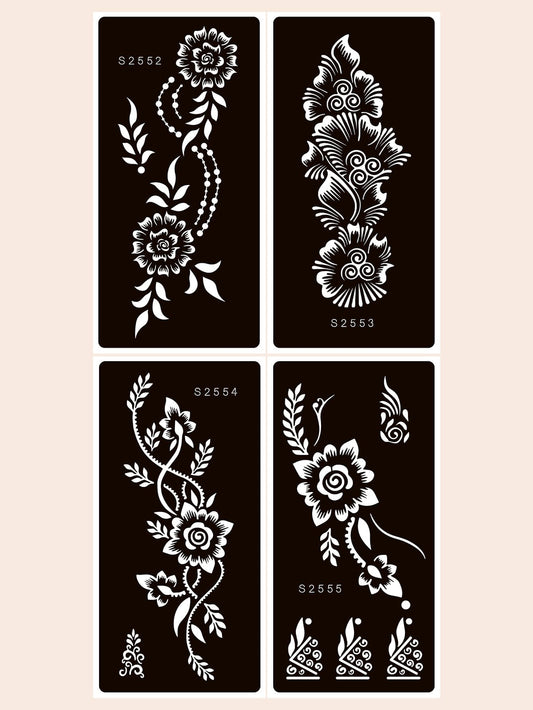 4pcs Vintage Floral Tattoo Stencil Set, Reusable Henna Paste Hollow Stencils, Beginner DIY Body Art Templates, Suitable For Daily, Vacation, Wedding