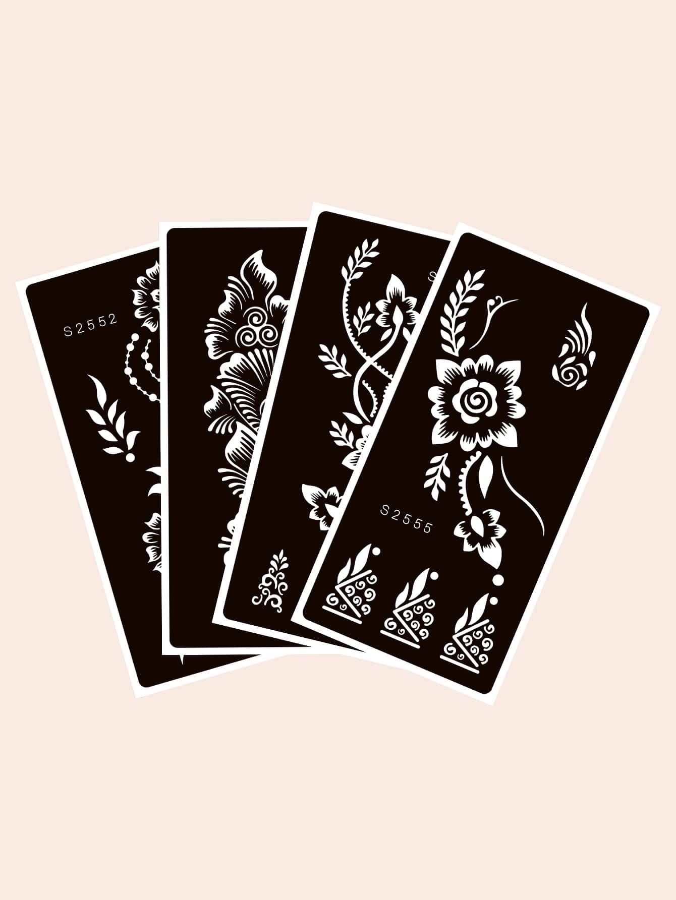 4pcs Vintage Floral Tattoo Stencil Set, Reusable Henna Paste Hollow Stencils, Beginner DIY Body Art Templates, Suitable For Daily, Vacation, Wedding