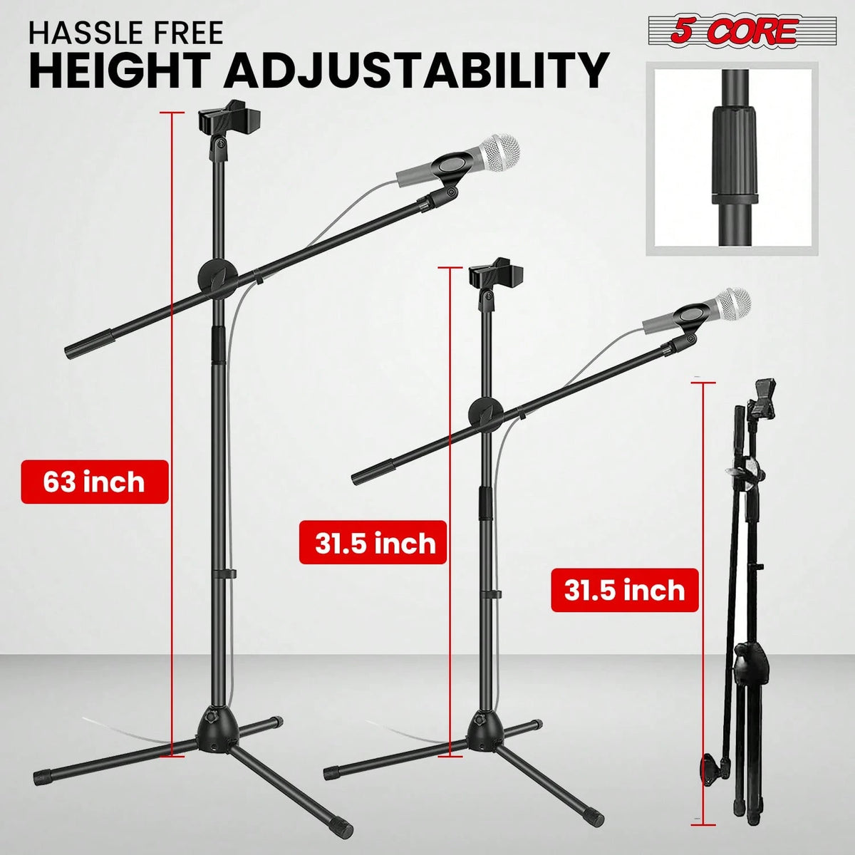 5 Core Microphone Stand Floor 2 Mic Clips Height Adjustable