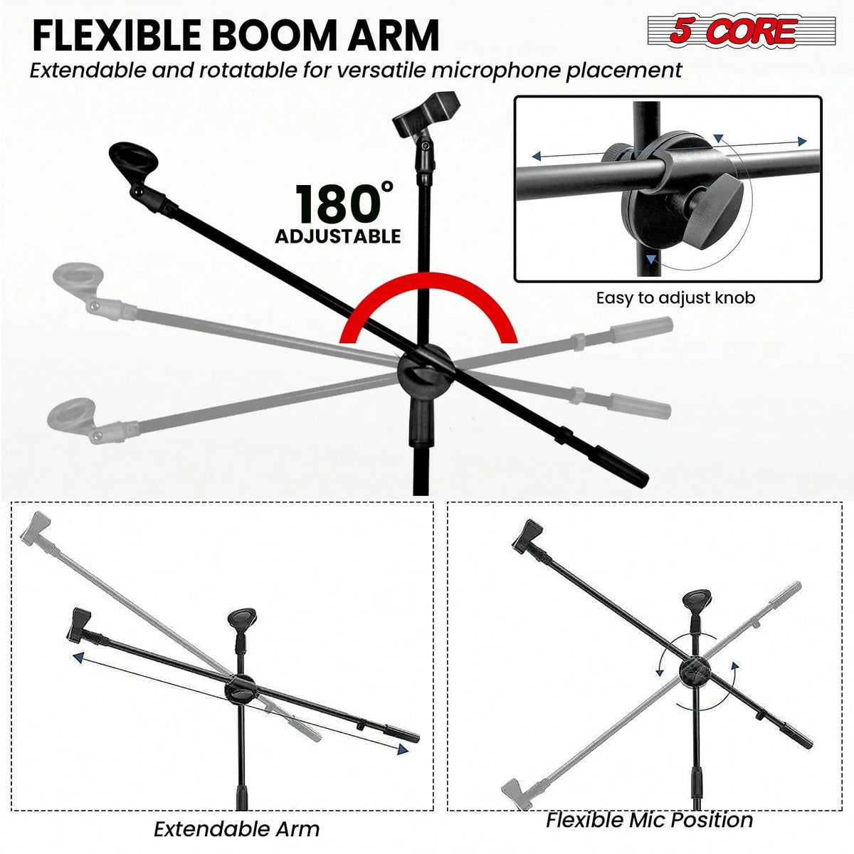 5 Core Microphone Stand Floor 2 Mic Clips Height Adjustable