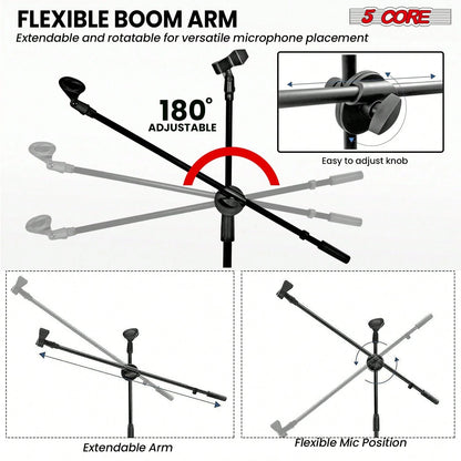 5 Core Microphone Stand Floor 2 Mic Clips Height Adjustable