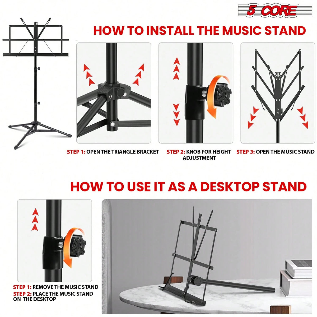 5 Core Sheet Music Stand Foldable Adjustable Bookstand