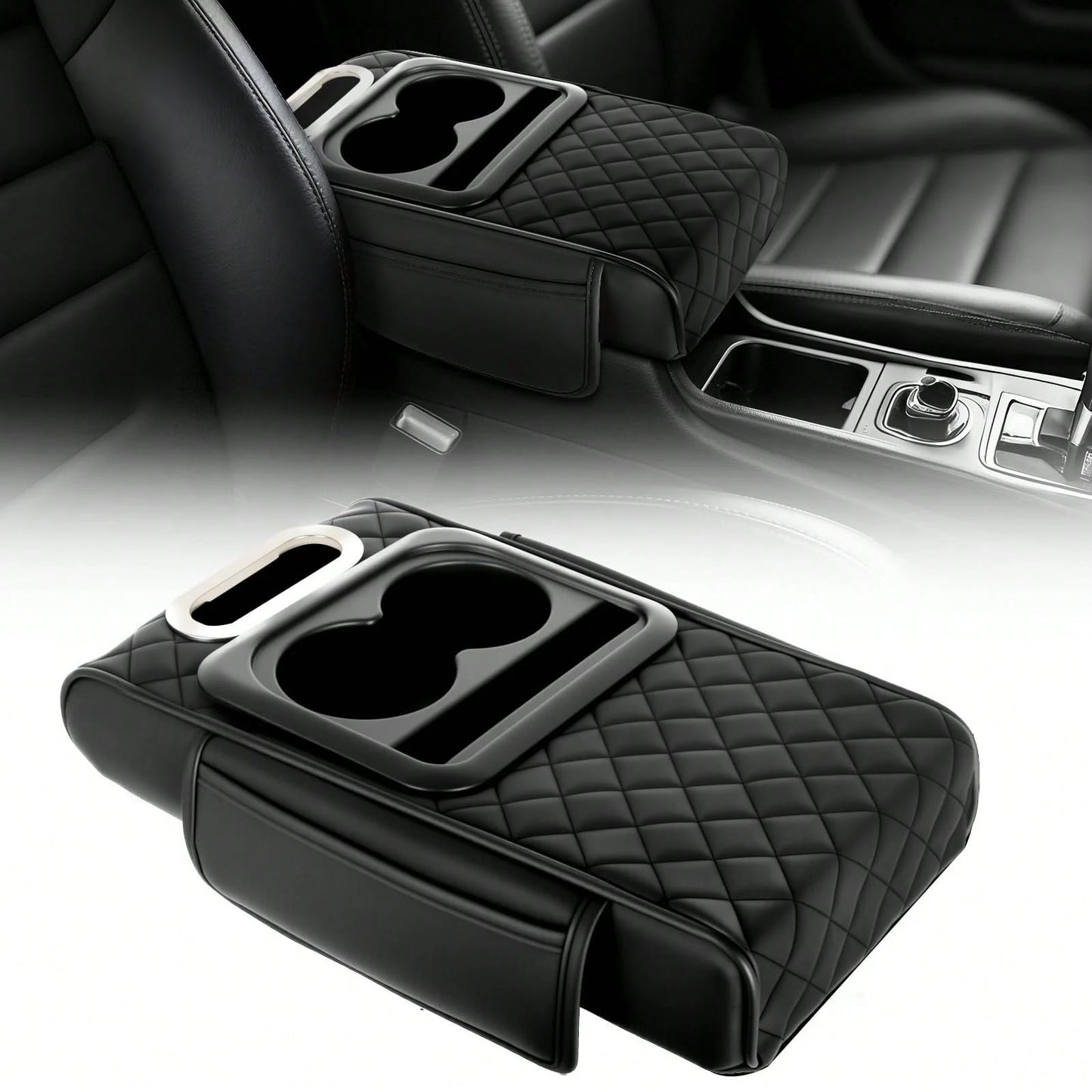 5-In-1 Car Armrest Cushion Organizer, Quilted Leather Center Console Cover With Cup Holder, Tissue Holder, Phone Slot & Storage Tray, Universal Car Interior Accessories For Sedans SUVs