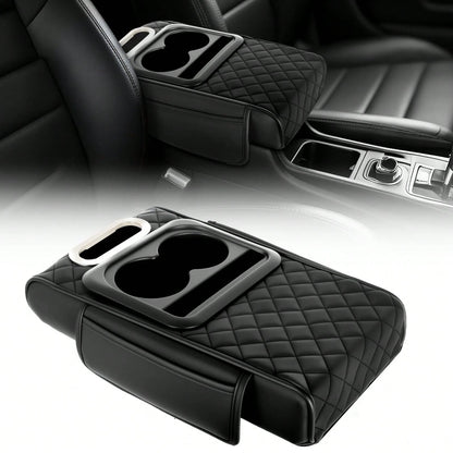 5-In-1 Car Armrest Cushion Organizer, Quilted Leather Center Console Cover With Cup Holder, Tissue Holder, Phone Slot & Storage Tray, Universal Car Interior Accessories For Sedans SUVs