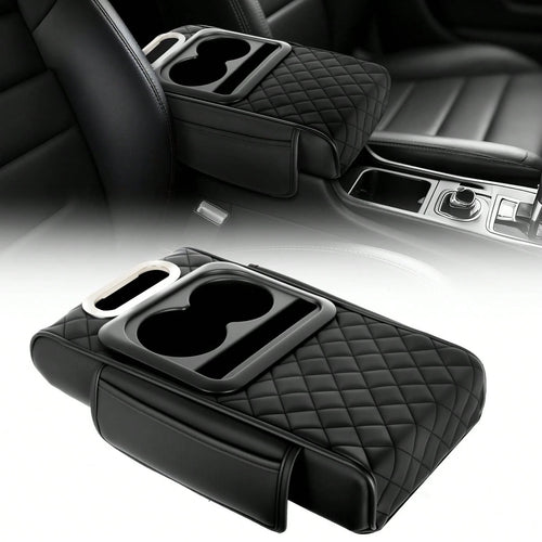 5-In-1 Car Armrest Cushion Organizer, Quilted Leather Center Console Cover With Cup Holder, Tissue Holder, Phone Slot & Storage Tray, Universal Car Interior Accessories For Sedans SUVs