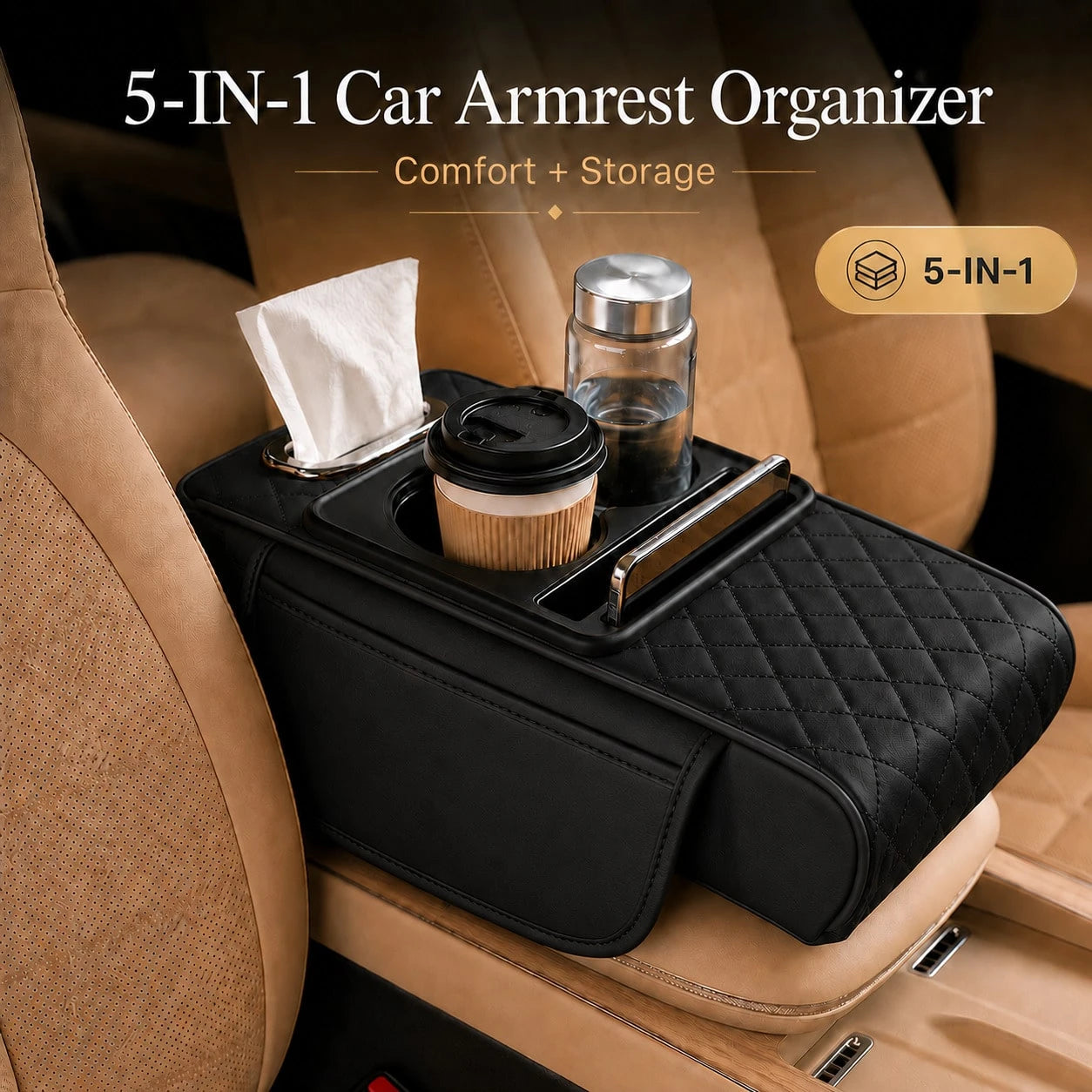 5-In-1 Car Armrest Cushion Organizer, Quilted Leather Center Console Cover With Cup Holder, Tissue Holder, Phone Slot & Storage Tray, Universal Car Interior Accessories For Sedans SUVs