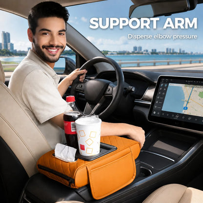 5-In-1 Car Armrest Cushion Organizer, Quilted Leather Center Console Cover With Cup Holder, Tissue Holder, Phone Slot & Storage Tray, Universal Car Interior Accessories For Sedans SUVs
