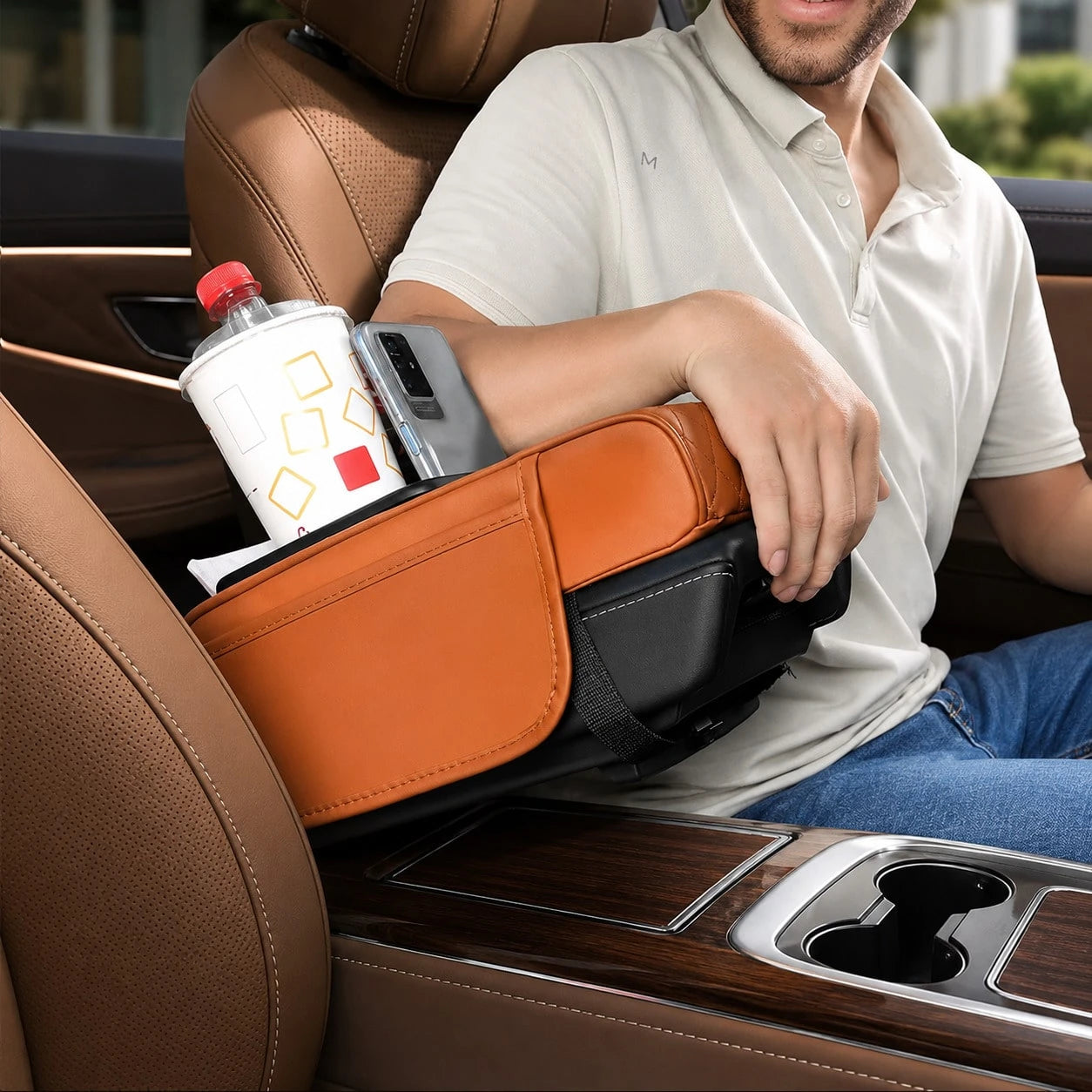 5-In-1 Car Armrest Cushion Organizer, Quilted Leather Center Console Cover With Cup Holder, Tissue Holder, Phone Slot & Storage Tray, Universal Car Interior Accessories For Sedans SUVs