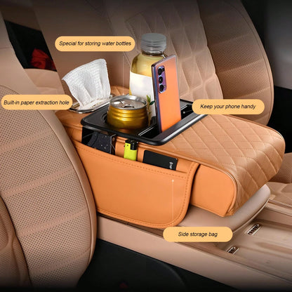 5-In-1 Car Armrest Cushion Organizer, Quilted Leather Center Console Cover With Cup Holder, Tissue Holder, Phone Slot & Storage Tray, Universal Car Interior Accessories For Sedans SUVs