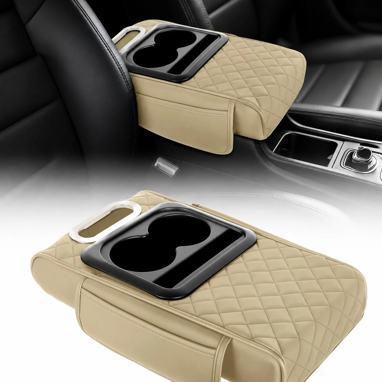 5-In-1 Car Armrest Cushion Organizer, Quilted Leather Center Console Cover With Cup Holder, Tissue Holder, Phone Slot & Storage Tray, Universal Car Interior Accessories For Sedans SUVs