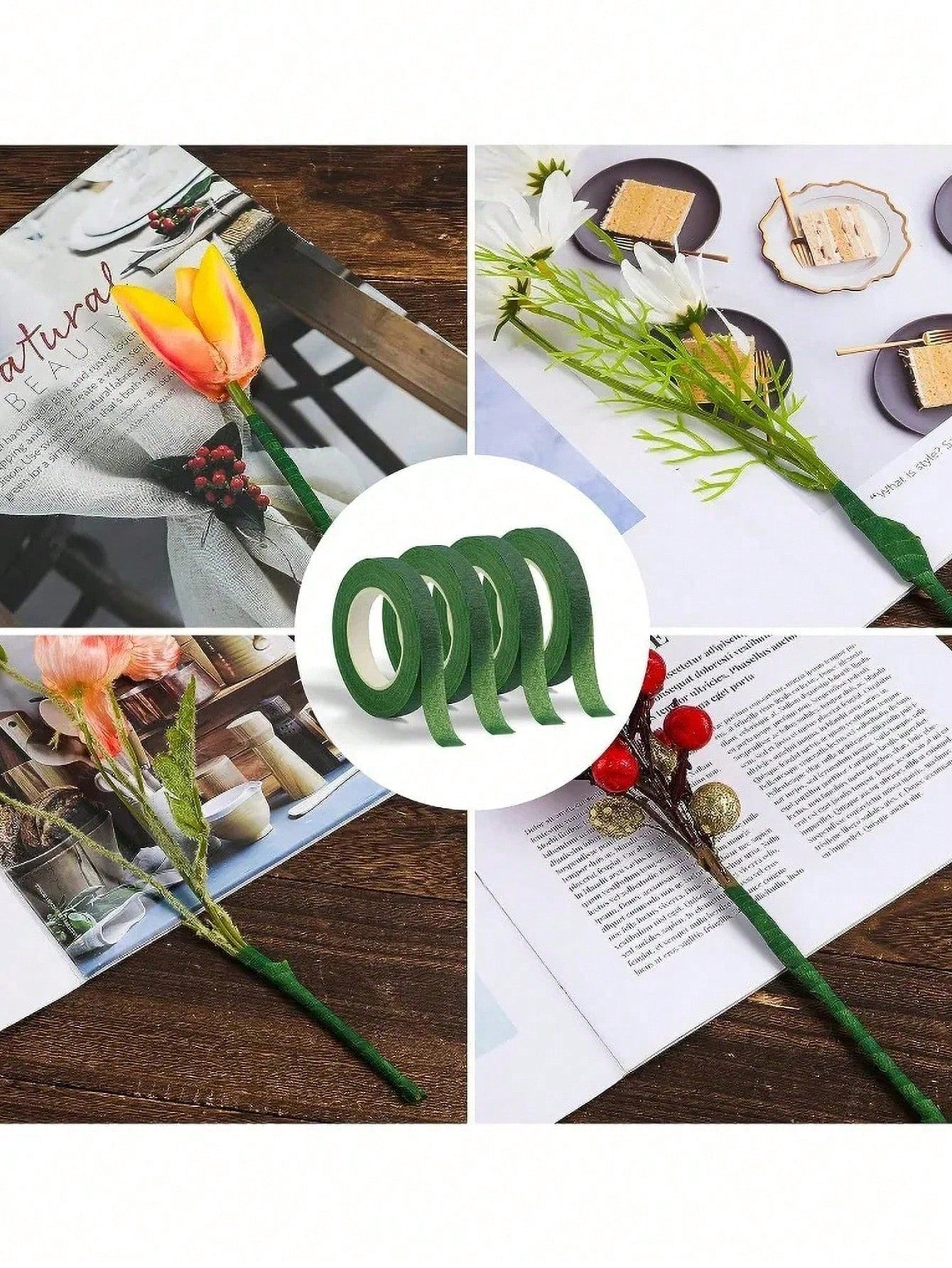 5 Rolls Self-Adhesive Floral Tape, Green Stem Paper Tape, Stamen Wrapping Tape, Floral Designer DIY Craft Supplies, Decorative Flowers, Wedding Supplies, Packaging, Graduation Season, Valentine's Day