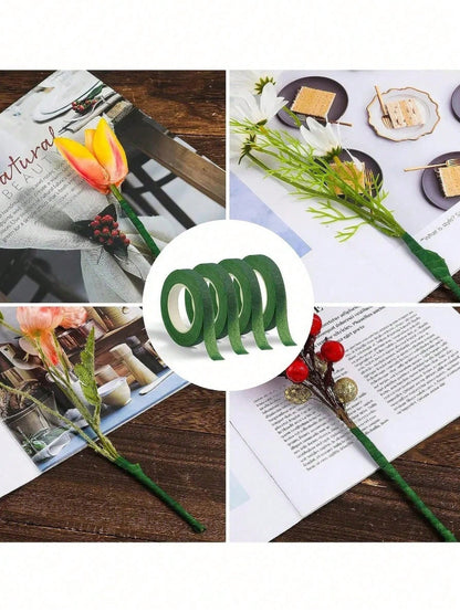 5 Rolls Self-Adhesive Floral Tape, Green Stem Paper Tape, Stamen Wrapping Tape, Floral Designer DIY Craft Supplies, Decorative Flowers, Wedding Supplies, Packaging, Graduation Season, Valentine's Day