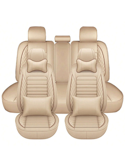 5 Seats Car Seat Covers Full Set PU Leather Front Rear Back Padded Cover Universal Auto Seat Protectors With Or Without Head Pillow For Most Cars Sedan Truck SUV
