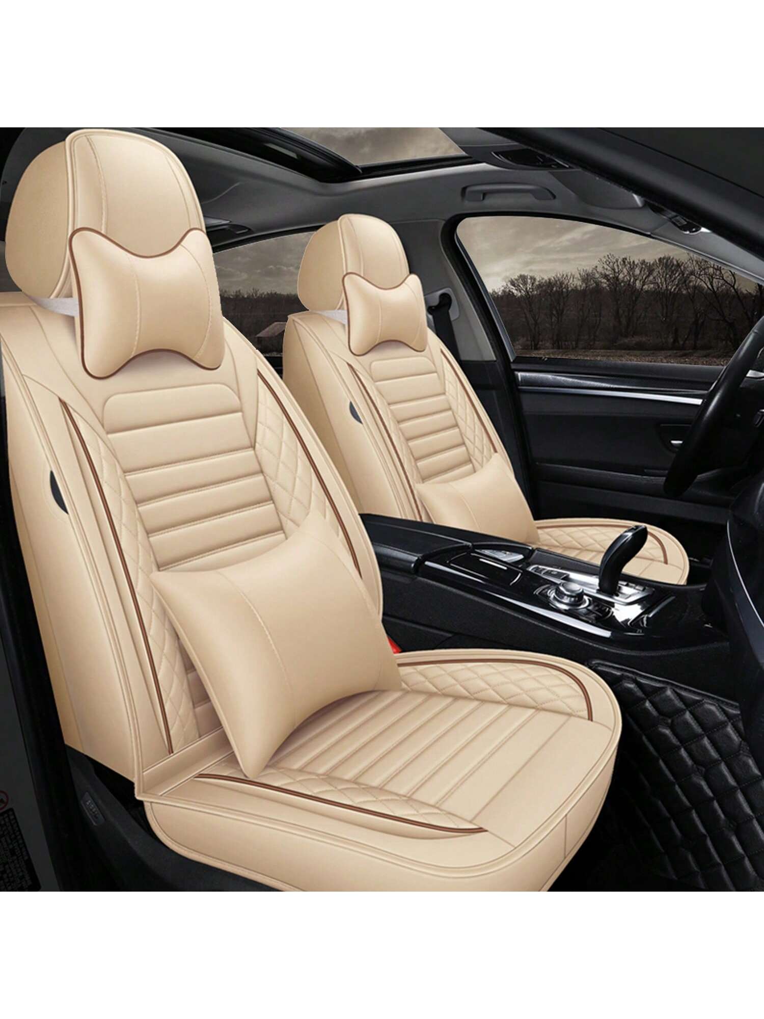 5 Seats Car Seat Covers Full Set PU Leather Front Rear Back Padded Cover Universal Auto Seat Protectors With Or Without Head Pillow For Most Cars Sedan Truck SUV