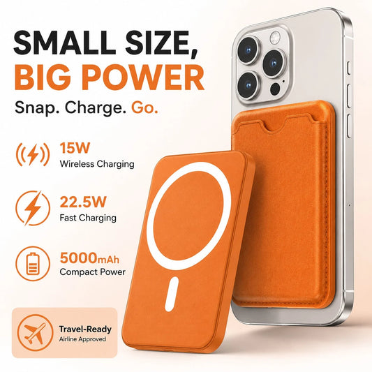5000mAh Magnetic Wireless Power Bank Wallet Design 15W Wireless Charging 22.5W Wired Fast Charging Built-In Card Slot Ultra Slim Portable Phone Battery Pack Smart Trickle Charging Compatible With IPho