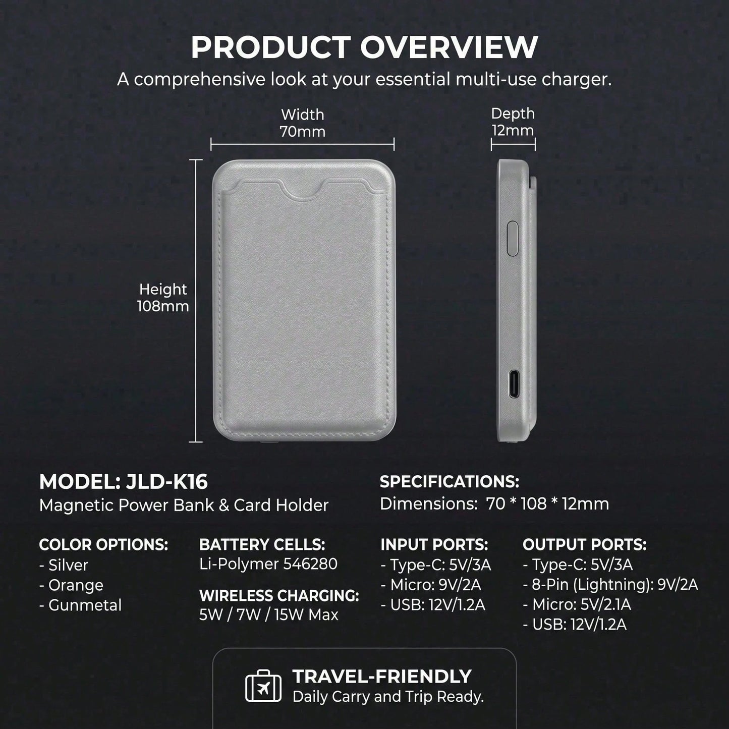 5000mAh Magnetic Wireless Power Bank Wallet Design 15W Wireless Charging 22.5W Wired Fast Charging Built-In Card Slot Ultra Slim Portable Phone Battery Pack Smart Trickle Charging Compatible With IPho