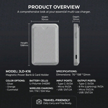 5000mAh Magnetic Wireless Power Bank Wallet Design 15W Wireless Charging 22.5W Wired Fast Charging Built-In Card Slot Ultra Slim Portable Phone Battery Pack Smart Trickle Charging Compatible With IPho