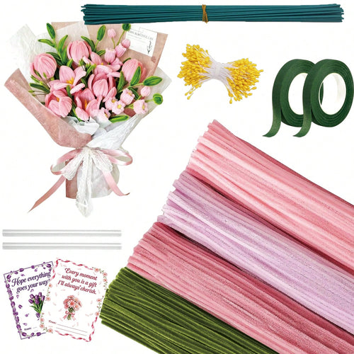 576Pcs Multi-Color Pipe Cleaner Flower Bouquet DIY Kit, Soft Fuzzy Chenille Stems Craft Supplies, 400 Assorted Pipe Cleaners, Floral Stems, Floral Tape, Step-By-Step Guide & Tutorial Video, Beginner H