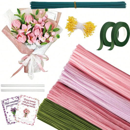 576Pcs Multi-Color Pipe Cleaner Flower Bouquet DIY Kit, Soft Fuzzy Chenille Stems Craft Supplies, 400 Assorted Pipe Cleaners, Floral Stems, Floral Tape, Step-By-Step Guide & Tutorial Video, Beginner H