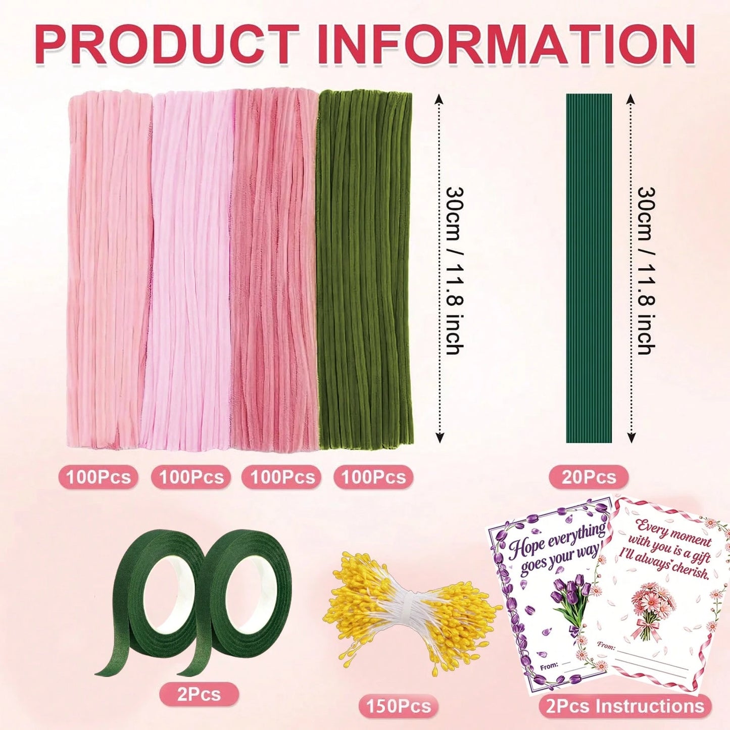 576Pcs Multi-Color Pipe Cleaner Flower Bouquet DIY Kit, Soft Fuzzy Chenille Stems Craft Supplies, 400 Assorted Pipe Cleaners, Floral Stems, Floral Tape, Step-By-Step Guide & Tutorial Video, Beginner H
