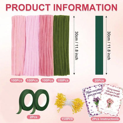 576Pcs Multi-Color Pipe Cleaner Flower Bouquet DIY Kit, Soft Fuzzy Chenille Stems Craft Supplies, 400 Assorted Pipe Cleaners, Floral Stems, Floral Tape, Step-By-Step Guide & Tutorial Video, Beginner H